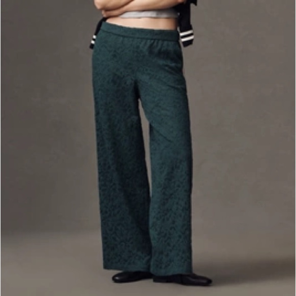 NWT Anthropologie Pine Green Lace Track Pants w/Cream & Black Side Stripes